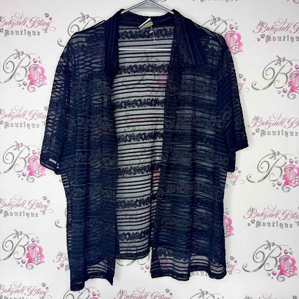 Antels open shirt style Black Sheer Striped Open Cardigan striped lace Lacie